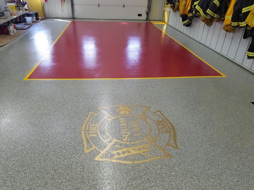 local fire department garage floor coating with custom design